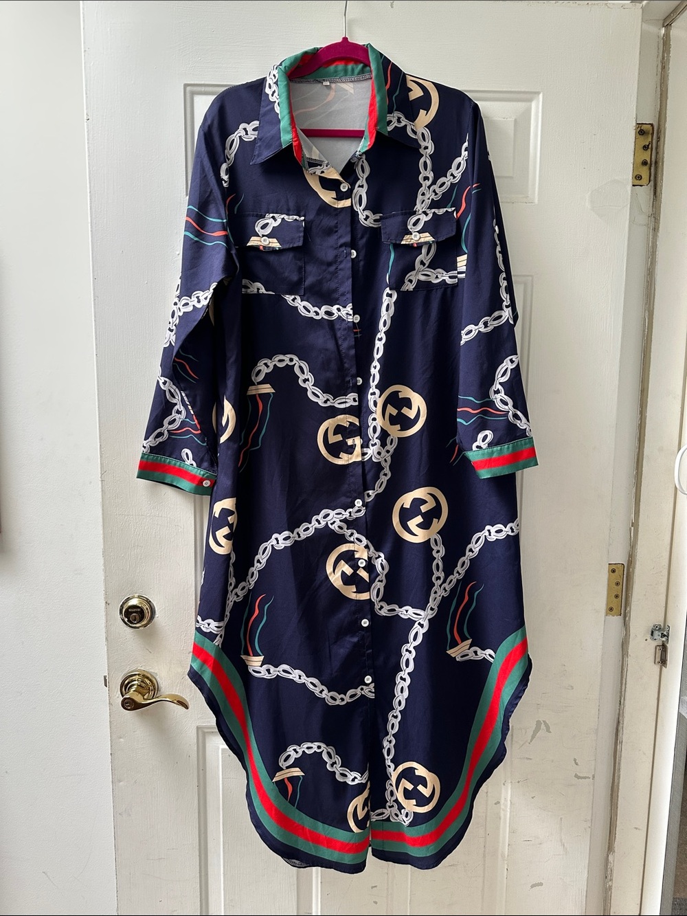Super Cool and Elegant Navy Chain-Print Shirt Dress with Green & Red Trim